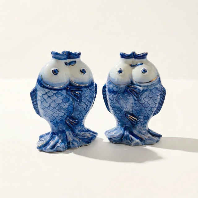 Blue and White Porcelain Kissing Koi Fish Vase For Sale - Image 9 of 12