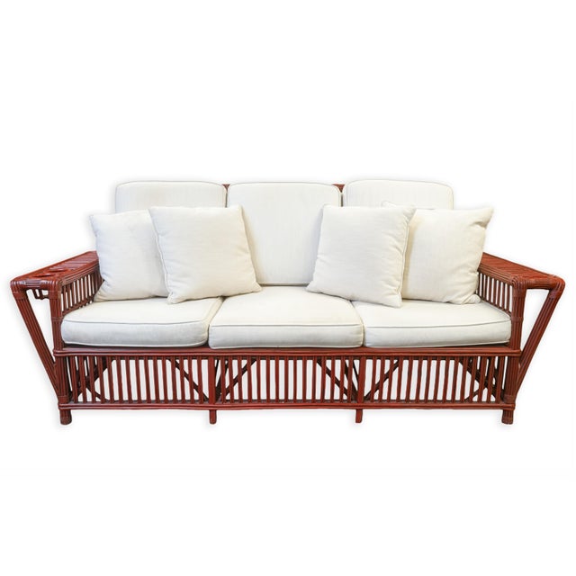 Pair of Vintage Palecek President's Chairs Red Rattan White Cushion Patio Chairs For Sale - Image 9 of 16