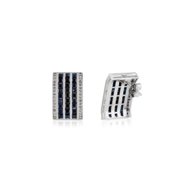 Art Deco Multi-Stripe Blue Sapphire & Diamond Bar Earrings in 925 Sterling Silver, A Pair For Sale - Image 3 of 11