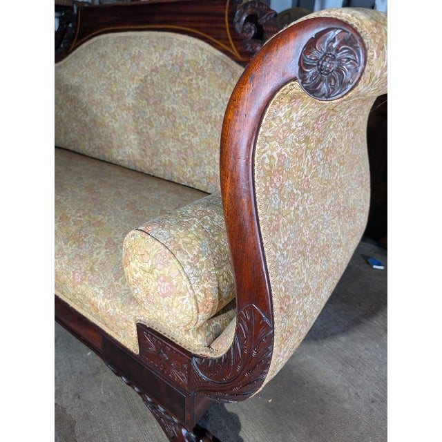 Antique American Empire Mahogany Settee With Scrolled Arms and Claw Feet For Sale - Image 11 of 17