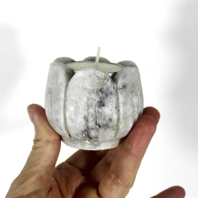 Contemporary Vintage Carved White Marble Tea Light Candleholder For Sale - Image 3 of 9
