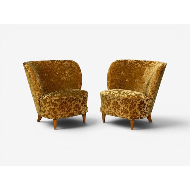 Mid-Century Modern Finnish Modern, Easy Chairs, Damask, Beech, Finland, 1940s For Sale - Image 3 of 13