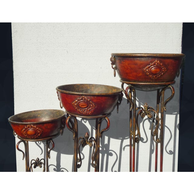 54" Tall Vintage Set of Three Brown Metal Planters Plant Stands With Bowl Trays For Sale - Image 4 of 7