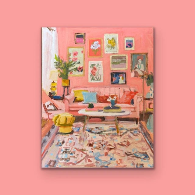 and soulful contemporary painting. Capturing an inviting, maximalist living room, this piece features a lush palette of...