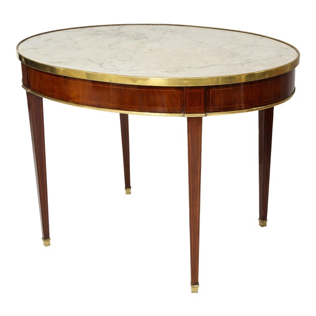 Antique French Mahogany Oval Marble-Top Bouillote Table on Tapered Legs For Sale