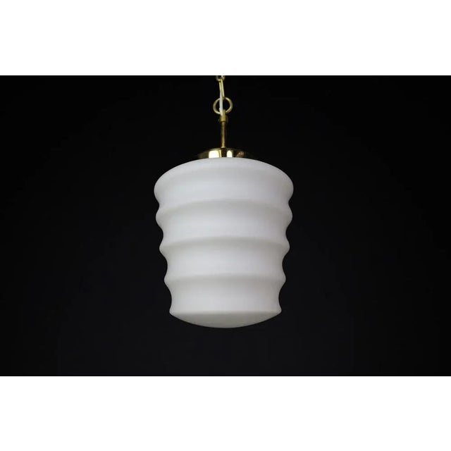 Gold Mid-Century Modern Brass and Opaline Glass Pendant, Prague, 1960s For Sale - Image 8 of 11