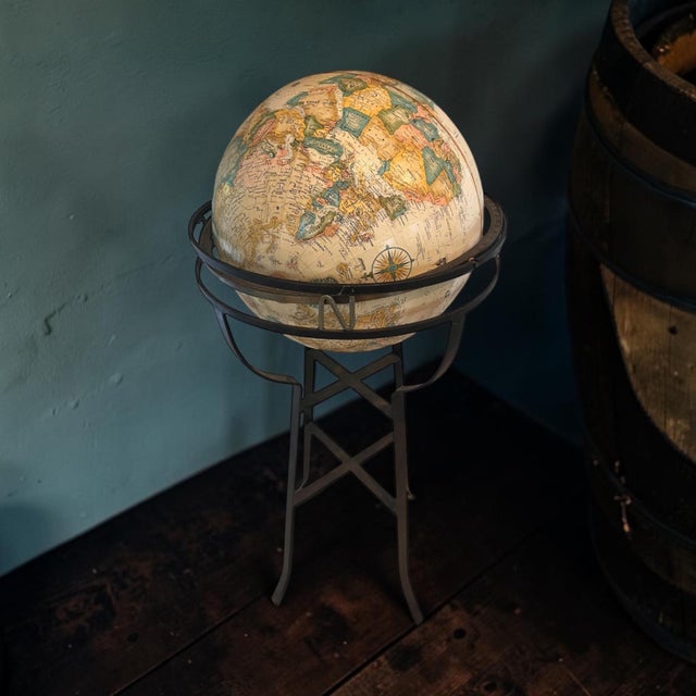 Metal Vintage Replogle LeRoy M. Tolman World Globe on Handmade Wrought Iron Floor Stand For Sale - Image 7 of 11