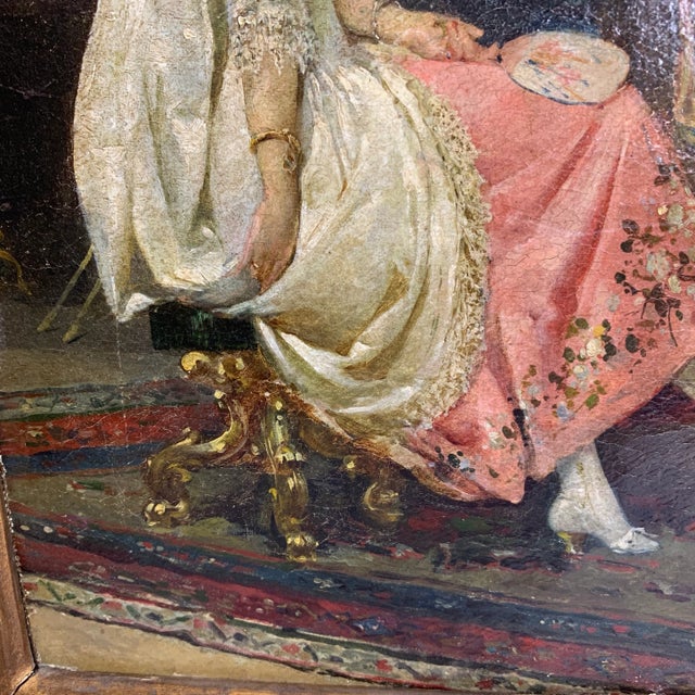 A French Interior Oil Painting. Depicting royal patrons in elaborate costume inside an interior French Salon. Signed...