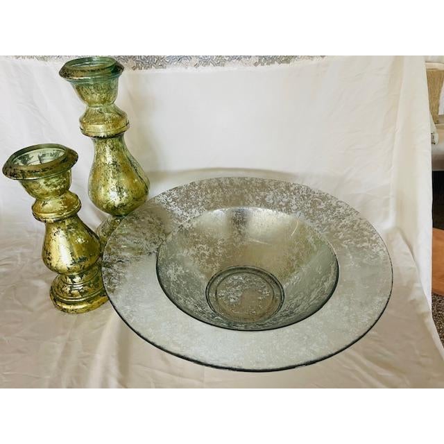 Late 20th Century Large Green Glass Bowl & Candleholders, Spain For Sale - Image 5 of 13
