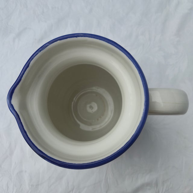 1970s Vintage Hand-Painted Italian Blue & White Ceramic Pitcher | Mediterranean Farmhouse Artisanal Pottery Vase For Sale - Image 5 of 11