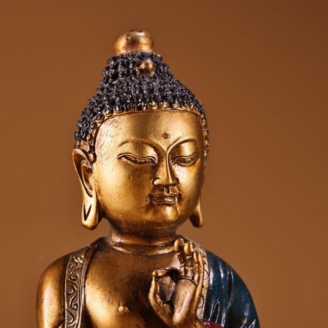 Mid 20th Century Vintage Gilt Bronze Shakyamuni Buddha Statue on Lotus Base - Asian Sculpture For Sale - Image 5 of 9