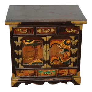 Vintage Oriental Asian Hand Painted Side Table Cabinet End Table Brass Hardware