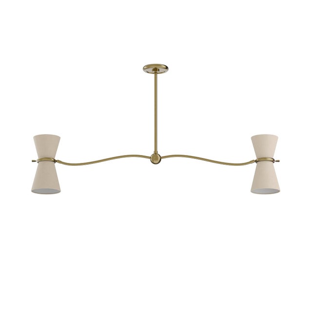 Metal Gable Linear Chandelier, Antique Natural Brass with Oyster Shade For Sale - Image 7 of 7