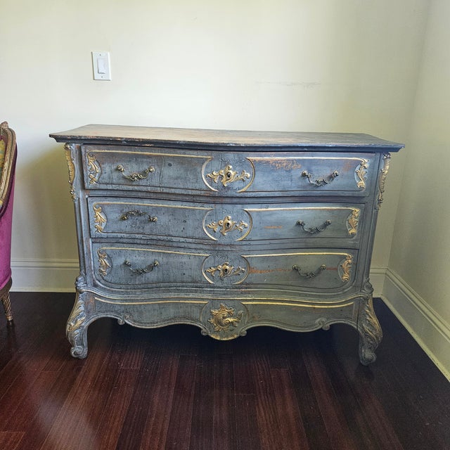 19th C Painted French Three Drawer Chest sold as found in good condition sjhowing wear commensurate with age with paint...