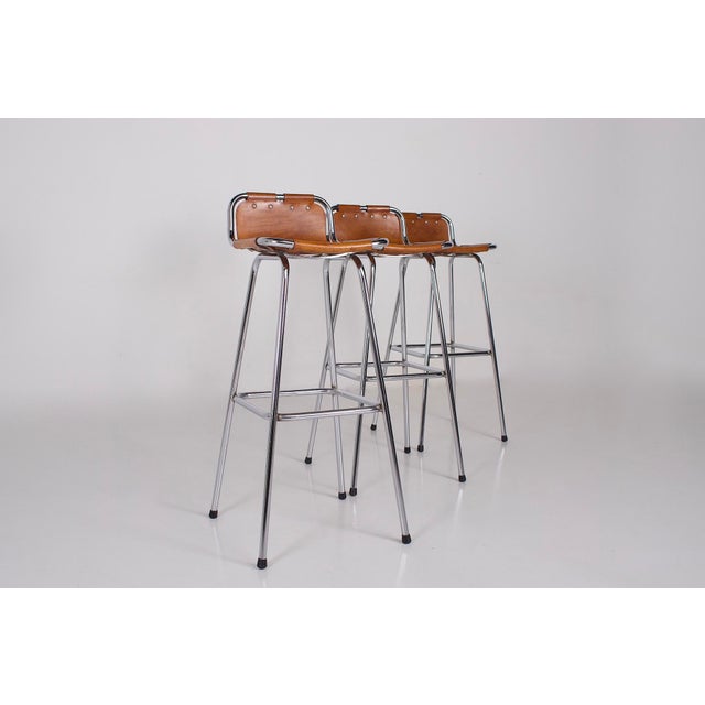 Cognac Leather Stools, 1970s, Set of 3 For Sale - Image 3 of 12