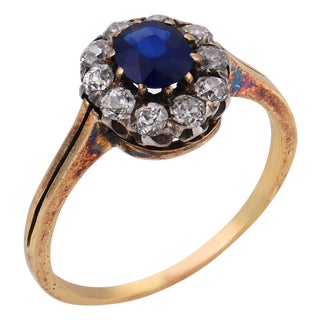 19th Century Victorian Gia No Heat Sapphire Diamond 14k Yellow Gold and Silver Ring, Size 8.25 For Sale