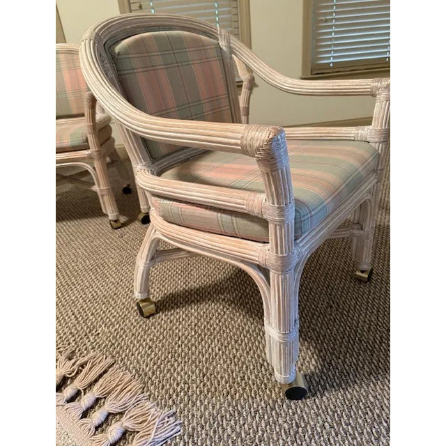 1980s Rattan Dining Table W/4 Rolling Chairs - Set of 6 McGuire Furniture For Sale - Image 12 of 16