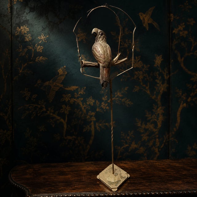 Copper Vintage Brass & Copper Parrot on Perch With Stand & Hoop, Attributed to S. Bustamonte For Sale - Image 8 of 10