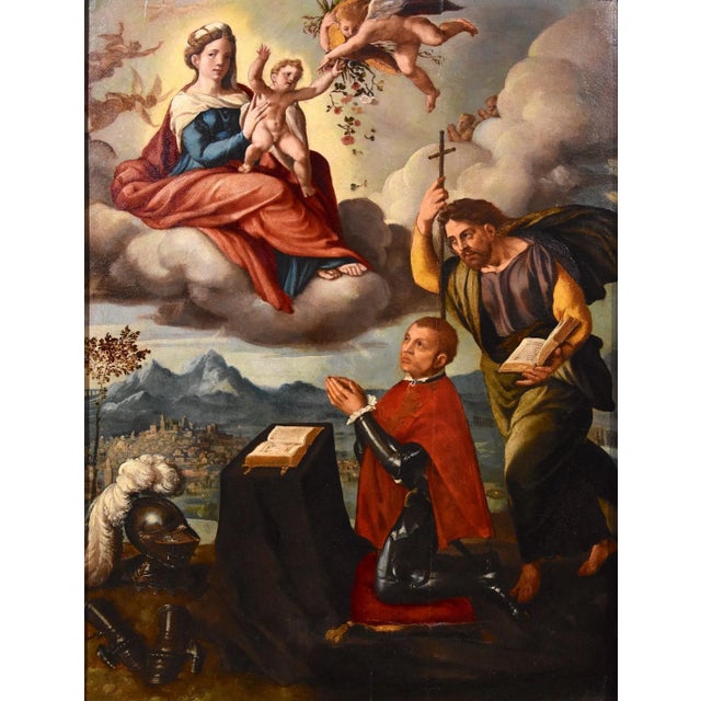 Workshop of Ippolito Scarsella / Lo Scarsellino, Madonna and Child with Saint James, 1590, Oil on Board For Sale - Image 6 of 18