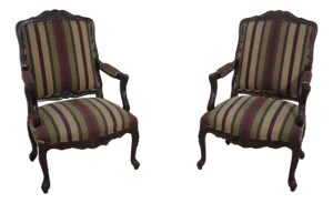 Pair French Louis XV Striped Upholstered Armchairs