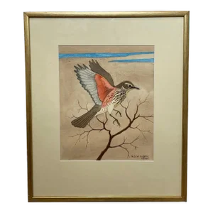 Scottish Mid Century Watercolor Redwing Mid Flight Thrush by Ralston Gudgeon Framed
