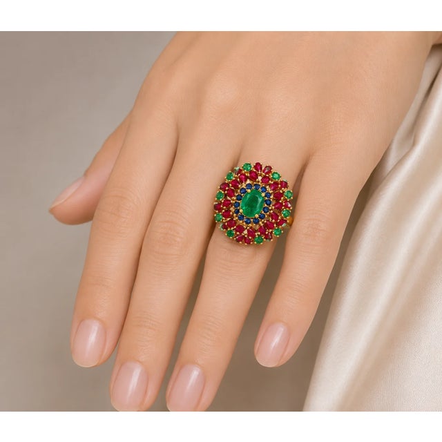 Art Deco Late 20th Century 22K and 18K Yellow Gold Estate Ruby Emerald Sapphire Cocktail Ring, Size 8.25 For Sale - Image 3 of 3