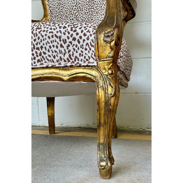 French Italian Antique Carved Wood Leopard Print Bergere Chairs Pair For Sale - Image 3 of 10