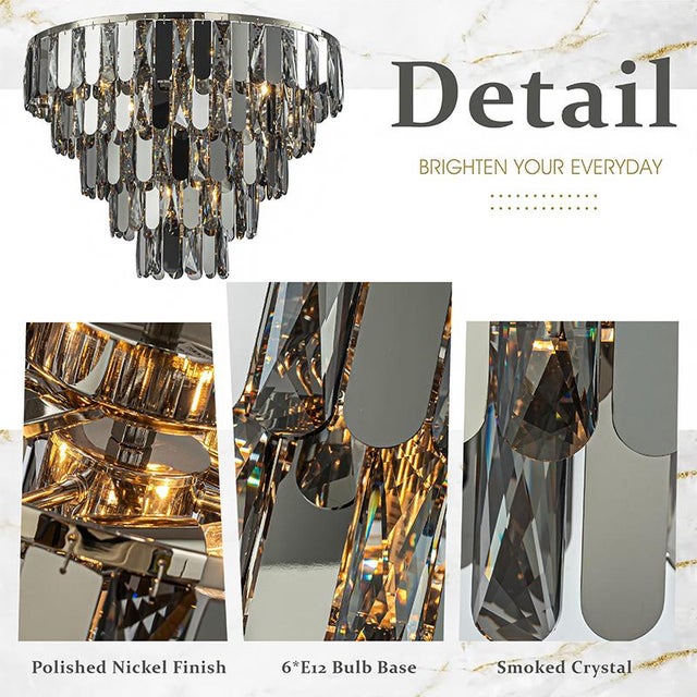Mid-Century Modern Aloadecor 6-Light Dimmable 5-Tier Smoked Crystal Flush Mount Ceiling Light Fixture With Polished Nickel Finish and Stainless Steel Accents For Sale - Image 3 of 4