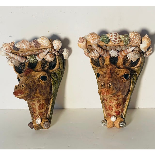 Shabby Chic Vintage Gorgeous Pair of Giraffe Wall Brackets Encrusted With Sra Shells For Sale - Image 3 of 6