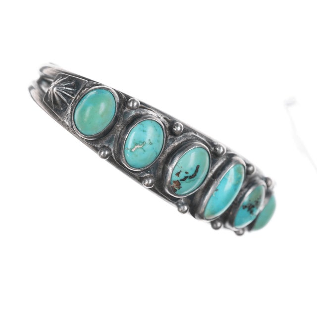 7" 20's-30's Navajo Silver Turquoise Row Cuff Bracelet For Sale - Image 4 of 9