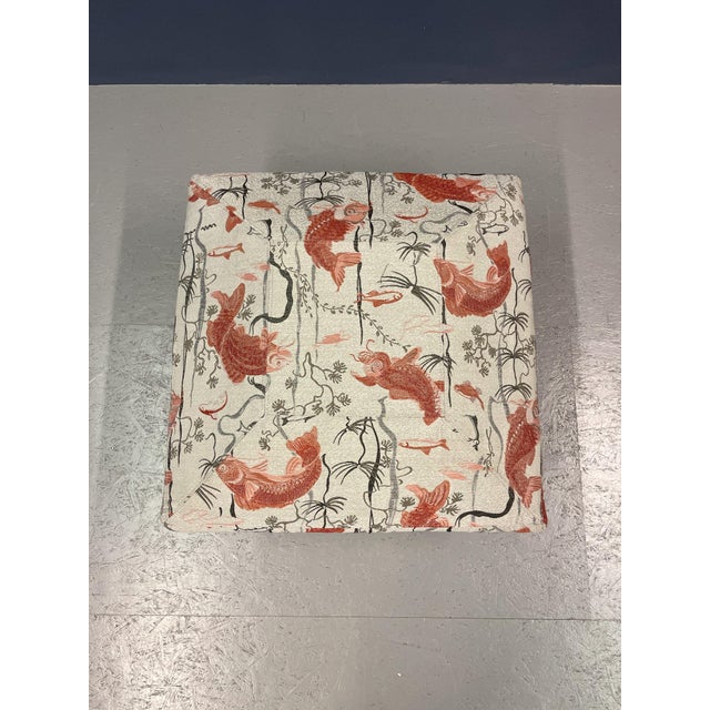 Textile Pouf with Fish-Patterned Square Pillow and Iron Legs For Sale - Image 7 of 13