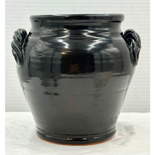 Folk Art Ned Foltz 2000 Signed Redware Flared Rim Closed Twisted Rope Handled Urn Cachepot, Bird Motif, Black Glaze, Burnt Umber, Blue, Yellow Slip Decorated For Sale - Image 3 of 12