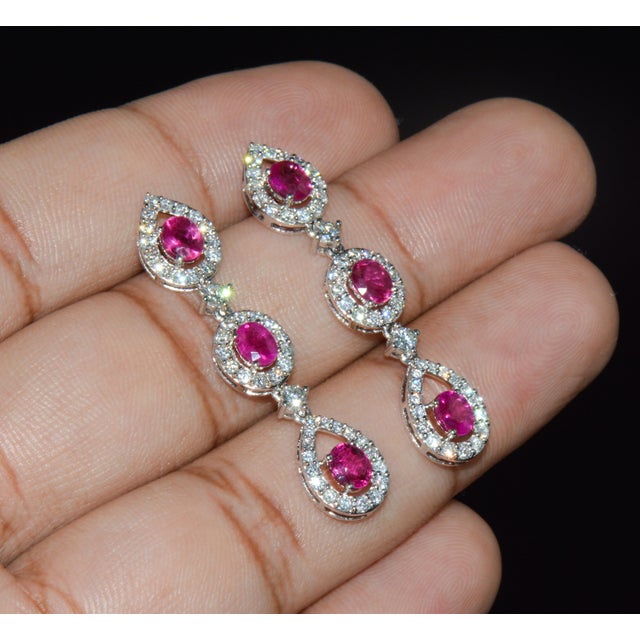 Late 20th Century Pair of Gia 3.99ctw Natural Burma Ruby & Diamond 18k White Gold Dangle Earrings For Sale In Dallas - Image 6 of 13