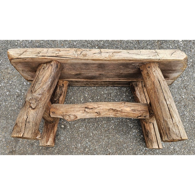 Mid 20th Century Mid 20th Century Early American Style Rustic Stretcher Pine Log Bench For Sale - Image 5 of 8