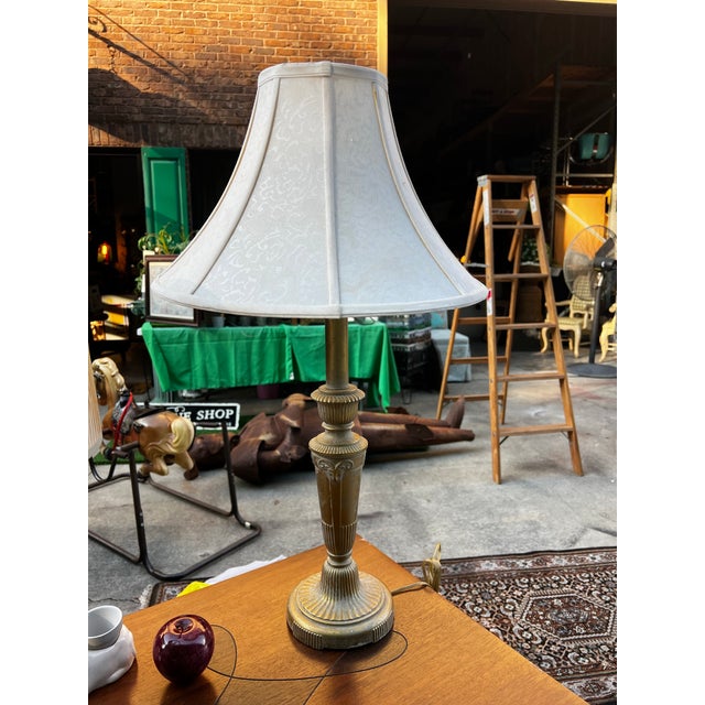 1970s Brass Tall Table Lamp With Ibex Details and Lampshade Included For Sale - Image 9 of 12