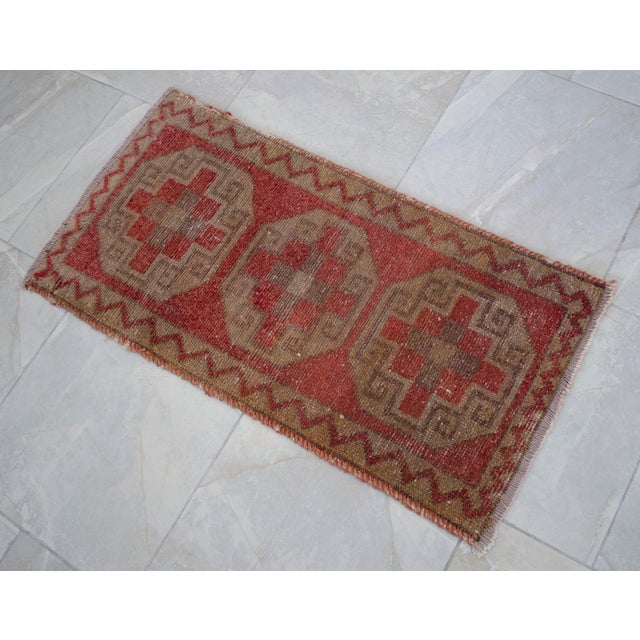 a Vintage Turkish Small yastik rug, japonica color yastik rug perfect for entryway, bath or in front of the kitchen sink...