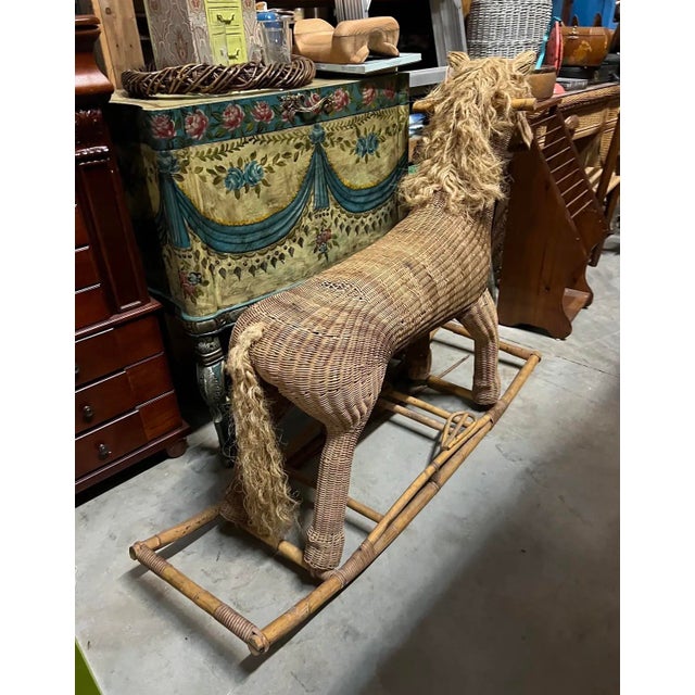 Rustic European Oversized Vintage Wicker Children's Rocking Horse For Sale - Image 3 of 11