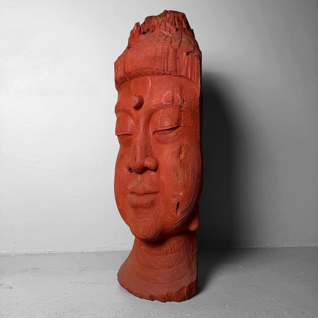 1980s Japanese Wooden Sculpture of Buddha Head, Koichi, 1985 For Sale - Image 5 of 8