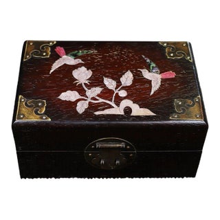 Vintage Sandalwood Jewelry Box With Mother-of-Pearl Bird & Floral Inlay For Sale