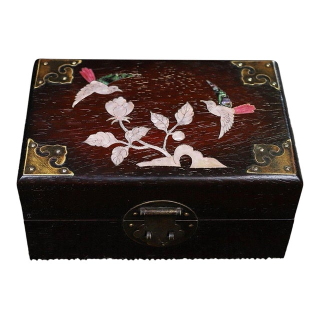 Vintage Sandalwood Jewelry Box With Mother-of-Pearl Bird & Floral Inlay For Sale