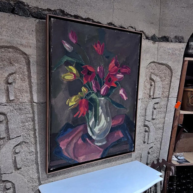 Red 1960s Floral Still Life Oil Painting, Signed & Framed, 35.25x27.25 Mid Century For Sale - Image 8 of 11
