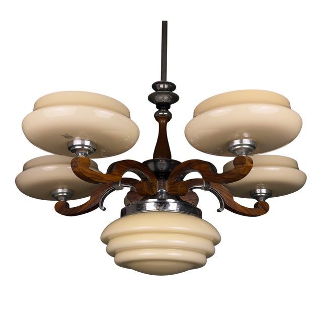 Large Art Deco Chandelier in Glass, Metal, and Wood, Italy, 1950s For Sale