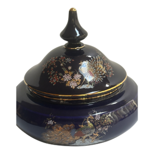 Italian Keramos Capodimonte Cobalt Blue Glaze Ornate Gold Handprinted Peacock and Floral Motif Lidded Round Vase Jar