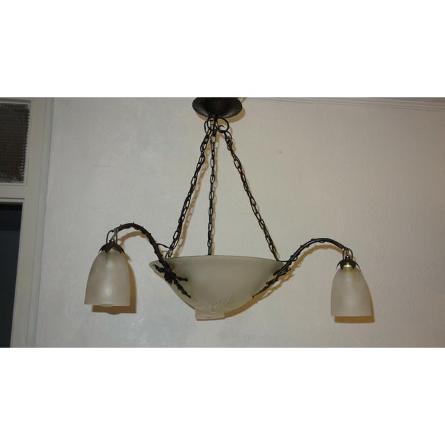 Metal Antique Art Nouveau French Metal and Glass 4-Light Chandelier, 1890s For Sale - Image 7 of 10
