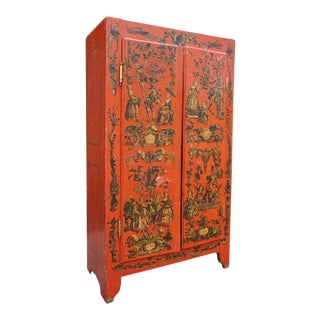 Italian Red Painted Pine Chinoiserie Decoupage Lacca Povera Wardrobe For Sale