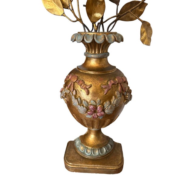 Mid 19th Century Antique Italian Gilded Wood Middle Urns With Metal Flowers- A Pair For Sale - Image 5 of 7