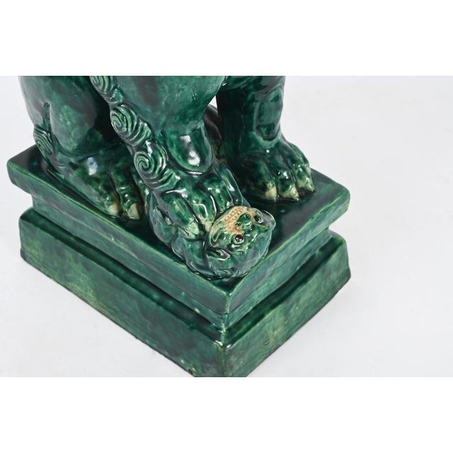 Black Large Antique Chinese Glazed Green Ceramic Lion Foo Dog, Early 20th Century For Sale - Image 8 of 16