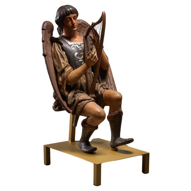 Antique Hand-Painted Wooden Angel and Harp Sculpture For Sale