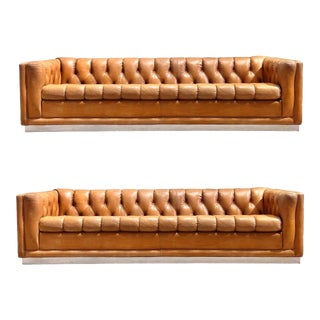 Mid-Century Modern Leather Chesterfield Sofa Pair on Chrome Bases For Sale