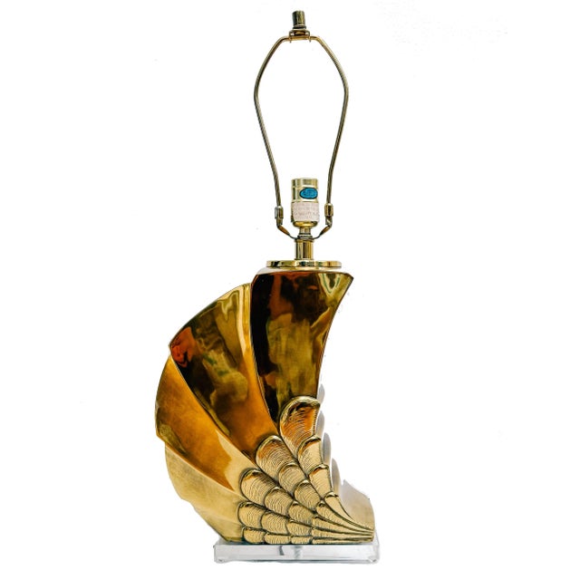 Gold Mid-Century Brass Shell Table Lamps With Black Shades - Set of 2 For Sale - Image 8 of 12